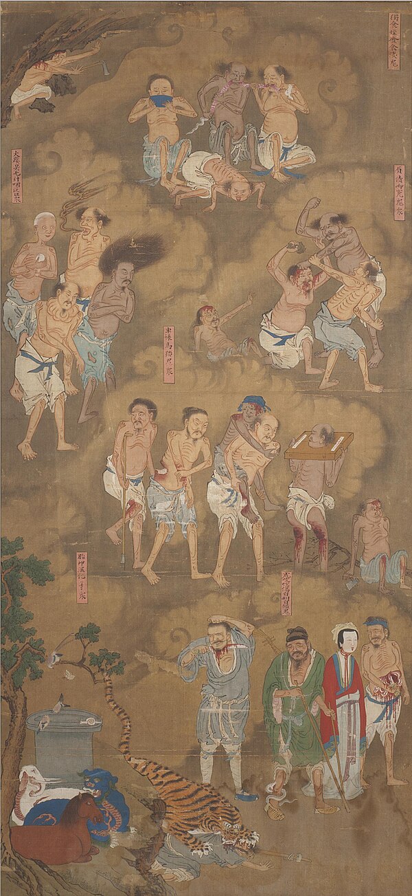 Dead of the underworld depicted in a Qing dynasty Water and Land Ritual painting.