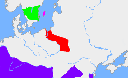 The Vistula Basin and surrounding regions in the first half of the 3rd century. Red indicates the Wielbark culture, green the Przeworsk culture, pink the Debczyn culture, purple the Roman Empire. Goths4.PNG