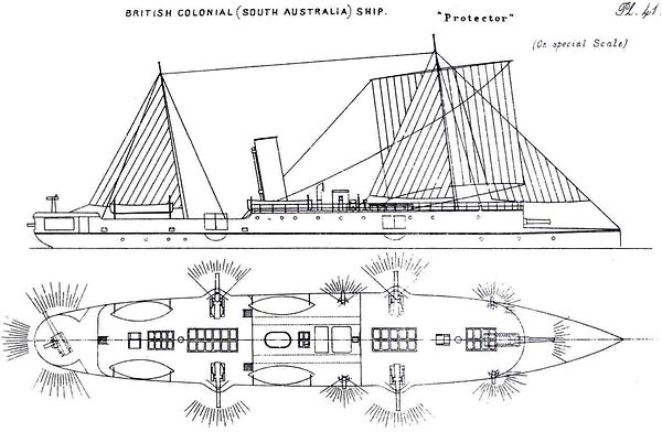 Starboard elevation and deck plan, 1888