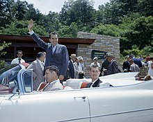 Vice President Richard Nixon at the Pinnacle Interpretive Shelter, attending the dedication of the park's Visitor Center (Mission 66 project), July 1959. HPC-001317 (26975446814).jpg