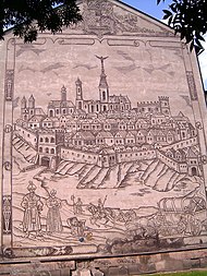 A historical view of Jarosław on a mural in the town center