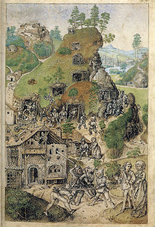 Venus and Mars, drawing with watercolour from the "Housebook", with a mine in the background. Hausbuch Wolfegg 35r Bergwerk.jpg