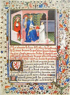Haitón entregando a lo papa Climent V la suya obra "La Flor de las Ystorias d'Orient", como informe sobre os mongols.