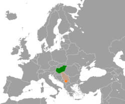 Map indicating locations of Hungaria and Kosova