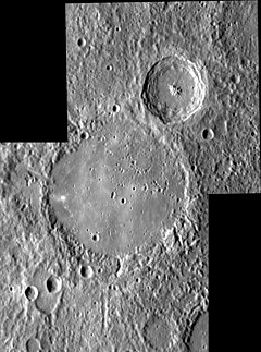 MESSENGER NAC mosaic. Ibsen is at center, and the crater to the northeast is unnamed. Ibsen crater EN1068232159M EN1068231524M.jpg
