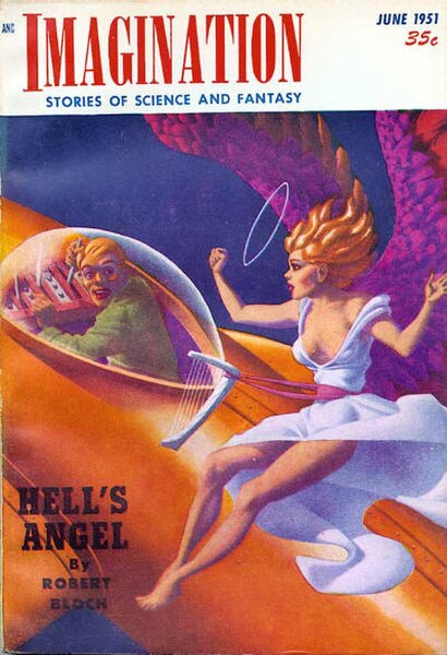 Bloch's novella Hell's Angel was the cover story in the June 1951 issue of Imagination, illustrated by Hannes Bok.