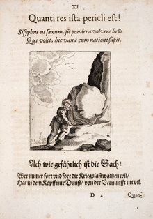 Black and white etching of Sisyphus by Johann Vogel