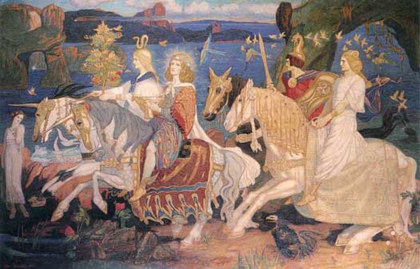 The film scene "Arwen's vision" borrows visually from Riders of the Sidhe by John Duncan, 1911.