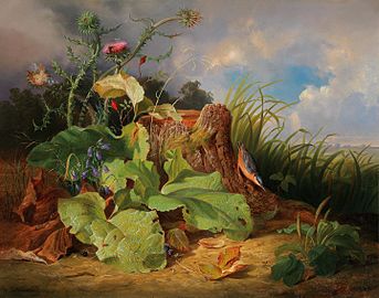 Stillleben mit Disteln, Glockenblumen, Hagebutten und einem Kleiber, Öl auf Leinwand, 75,5 × 96 cm