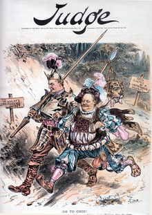 Judge magazine cover from September 1890, showing McKinley (left) having helped dispatch Speaker Reed's opponent in early-voting Maine, hurrying off with the victor to McKinley's "jerrymandered" Ohio district Judge cover September 1890 - On to Ohio.png