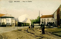 Juin 1910 - Nalinnes, tramway SNCV sur la place du Centre