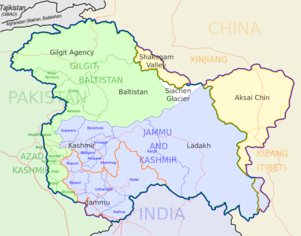 UN map showing Siachen in white. Line between the green and white area is the "Actual Ground Position Line" (AGPL). The white area east of the AGPL is held by India. Kashmir Jammu Map.png