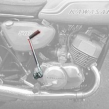 A kick start lever highlighted on a Kawasaki two-stroke motorcycle Kick-start.jpg