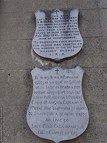 Plaques on Friary Street, Kilkenny, commemorating the deaths of two IRA men on 21 February 1921. Kilkenny plaque.jpg