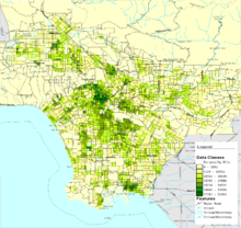 Partial map of Los Angeles County showing population density in 2000 by census tract LACountyPopDensity.png