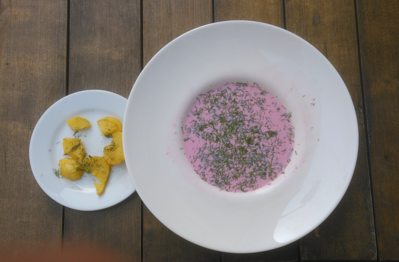 The pink colour of traditional Lithuanian cold beet soup. Often eaten with a hot boiled potato, sour cream and dill.