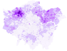 A map showing the distribution of Romanian passport holders in Greater London in 2021. Over 30% of Romanian citizens in the UK live in London.
.mw-parser-output .legend{page-break-inside:avoid;break-inside:avoid-column}.mw-parser-output .legend-color{display:inline-block;min-width:1.25em;height:1.25em;line-height:1.25;margin:1px 0;text-align:center;border:1px solid black;background-color:transparent;color:black}.mw-parser-output .legend-text{}
0.0%-0.99%
1%-2.99%
3%-5.99%
6%-9.99%
10%-14.99%
15% and greater London Romanians.png