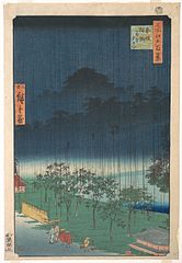 Akasakan keisaripuita sateella, Utagawa Hiroshige II:n puupiirros
