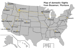Image 35Map of domestic flights available from the largest airport in Montana (Click to enlarge) (from Transportation in Montana)