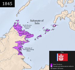 Map showing the extent of the Sultanate of Sulu in 1845, with North Borneo being under nominal control.