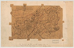 Map showing the French occupation of the Ohio Valley, based on Christopher Gist's surveys of 1751, showing "Kuskuskies, chef-lieu des 6 Nations" to the left of map's center. Map showing French occupation of the Ohio Valley - taken from Mr. Robert's Atlas universel, Paris 1755 - based on Christopher Gist's surveys made 1751 LOC 2018590090.jpg