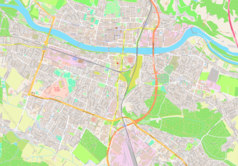 Mapa konturowa Mariboru, u góry nieco na lewo znajduje się punkt z opisem „Stadion Ljudski vrt”