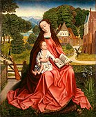 Attributed to Aert van den Bossche. Virgin and Child in a Landscape label QS:Len,"Virgin and Child in a Landscape" label QS:Lpl,"Matka Boża z Dzieciątkiem w krajobrazie" , circa 1492-1498 unsigned. On view at the Minneapolis Institute of Arts.