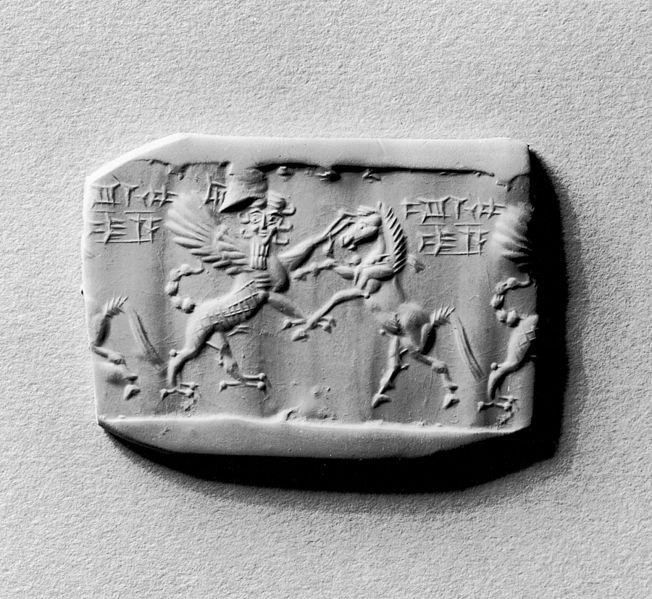 File:Mesopotamian - Cylinder Seal with Human-Headed Griffin Attacking a Horse - Walters 42444.jpg