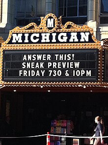 Marquee of the Michigan Theater in Ann Arbor advertising a preview screening of the film