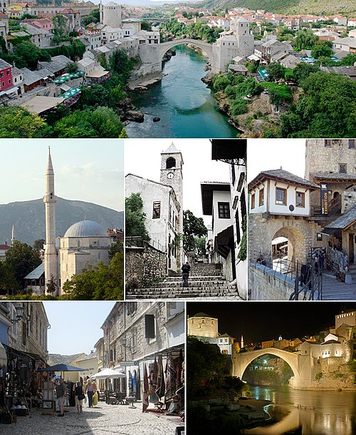 From top, left to right: A panoramic view of the heritage town site and the Neretva river from Lučki Bridge, Koski Mehmed Pasha Mosque, Mostar Clock T