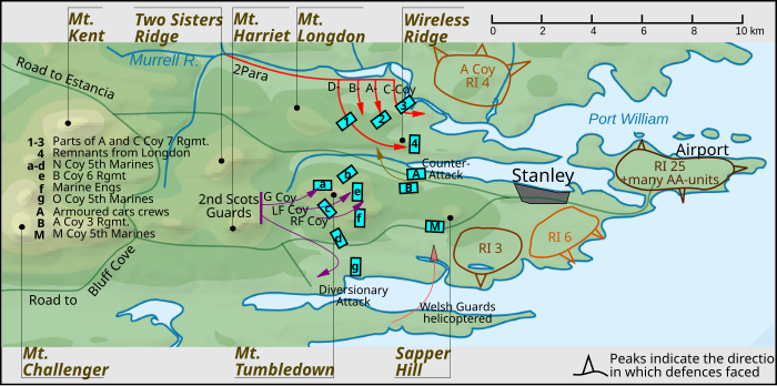 The topographic map of Falkland Islands, on the left is the letter and numbers which indicates each troops, From top 1-3 is Parts of A and C Coy 7 RGMT, 4 Remnants from Longdon, a-d N Coy 5th Marines, e B Coy Rgmt, f Marine Engs, g O Coy 5th marines, A Armored cars crews, B A Coy 3 Rgmt. M M Coy 5th Marines, Blue lines indicate the Murrell River and outline of the lands, Green line indicates the roads, from top left Road Road to Estancia, from bottom left Road to Bluff cove,  black dots indicate the mountain, Ridges and Hills from top left, Mt. Kent, Two sisters Ridge, Mt. Harriet, Mt Longdon, Wireless Ridge, From bottom left, Mt challenger, Mt. Tumbledown, Sapper Hill, Red (2Para) deploying D, B, A, C, Coy, 1, 2, 3 and 4 Purple(2nd Scots Guards) deploying G Coy A, B, LF Coy C, E, RF Coy D, F, and G as Diversionary attack, , brown(Counter Attack) and orange(Welsh Guard Helicoptered) colored lines with arrow point indicates where the troops dispatched, on top right A Coy RI in brown circle with Three peak, at the bottom from left is RI 3 brown circle with one peak, RI 6 in Orange circle with two peaks, RI 25 + many AA-Units in brown circle with three peaks, Peaks indicate the direction in which defenses faced.