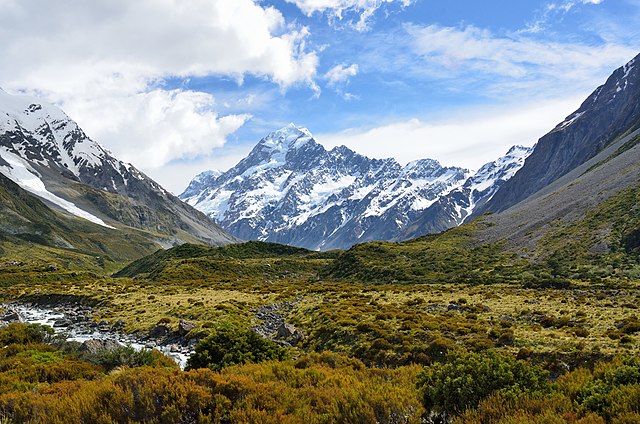 View of Aoraki / Mount Cook, the highest peak, from the Hooker Valley Track