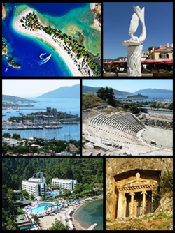 Sol üstten saat yönünde: Ölüdeniz, Marmaris'te bir heykel, Halikarnas Tiyatrosu, Amyntas Mezarı, Marmaris'te bir otel ve Bodrum Kalesi