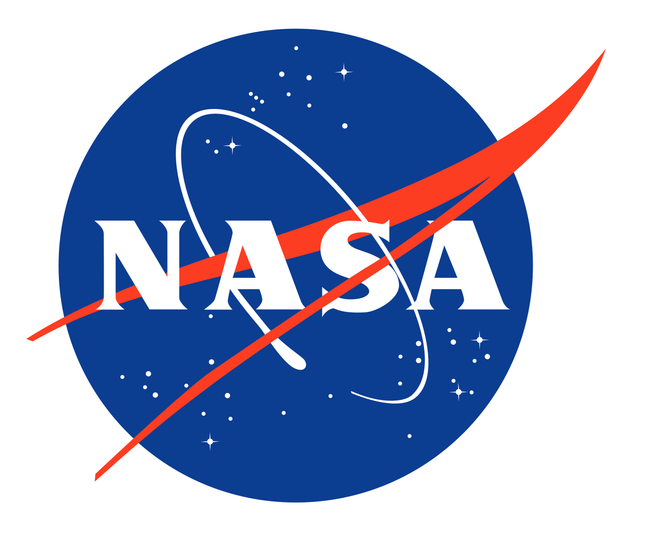 A blue sphere with stars, white letters N-A-S-A in Helvetica font; a red chevron representing wings, and an orbiting spacecraft