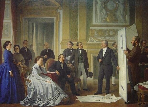 Visconti presents the plans for the Nouveau Louvre to Emperor Napoleon III and Empress Eugénie in 1853 at the Tuileries, painting by Jean-Baptiste-Ange Tissier (1865). Lefuel is the bearded figure in the shadow on the far right-hand side.