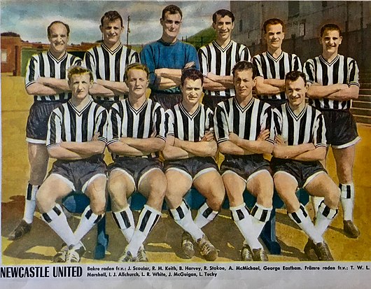 Newcastle United in 1960. L-r, standing: James "Jimmy" Scoular, Richard Matthewson "Dick" Keith, Bryan Harvey (goalkeeper), Bob Stokoe, Alf McMichael and George Eastham; front: "Terry" W. L. Marshall, Ivor Allchurch, Len White, John McGuigan and Liam Tuohy.