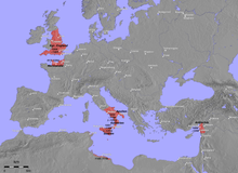 כיבושי הנורמנים במאה ה-12 (באדום)