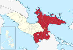 Map of Camarines Sur with municipalities included in Nueva Camarines highlighted in red.