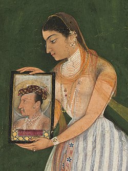 Nur Jahan holding a portrait of Emperor Jahangir, about 1627.jpg