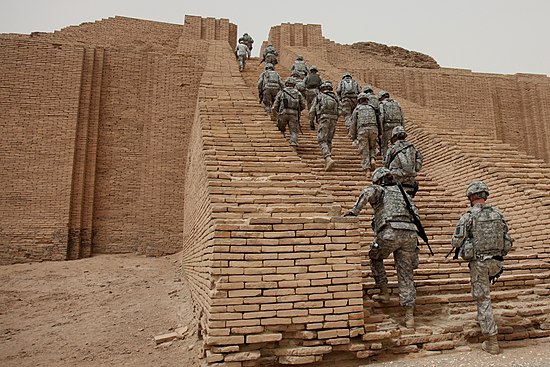 U.S. soldiers ascend the reconstructed Ziggurat of Ur in May 2010