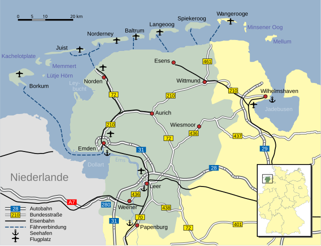 خريطة لشرق فريزيا في ألمانيا