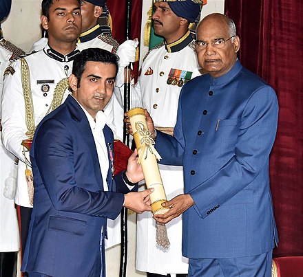 Indian President Ram Nath Kovind presenting the Padma Shri Award to Gautam Gambhir on 16 March 2019