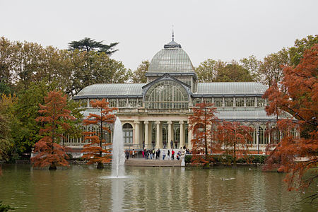 Autumn view of the Crystal Palace in the Buen Retiro Park, Madrid, Spain.
