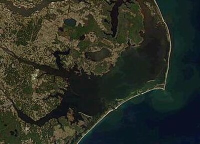 Pamlico Sound with the southern Outer Banks. Orbital photo courtesy of NASA.