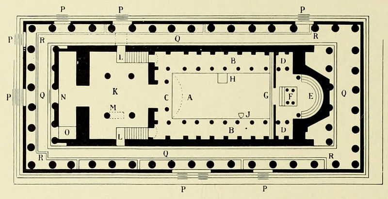 Диаграма от Адолф Михаелис (1835-1910) на оформлението на Партенона като църква. Източната гледка (вдясно) е бившият главен вход в древността и е превърната в апсида. Средновековният главен вход е от запад (вляво). / Кредит: Wikimedia Commons