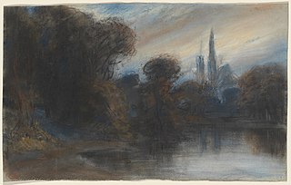 An Abbey by a Wooded Lake at Twilight