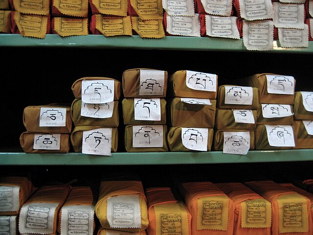 Pechas, scriptures of Tibetan Buddhism, at a library in Dharamsala, India