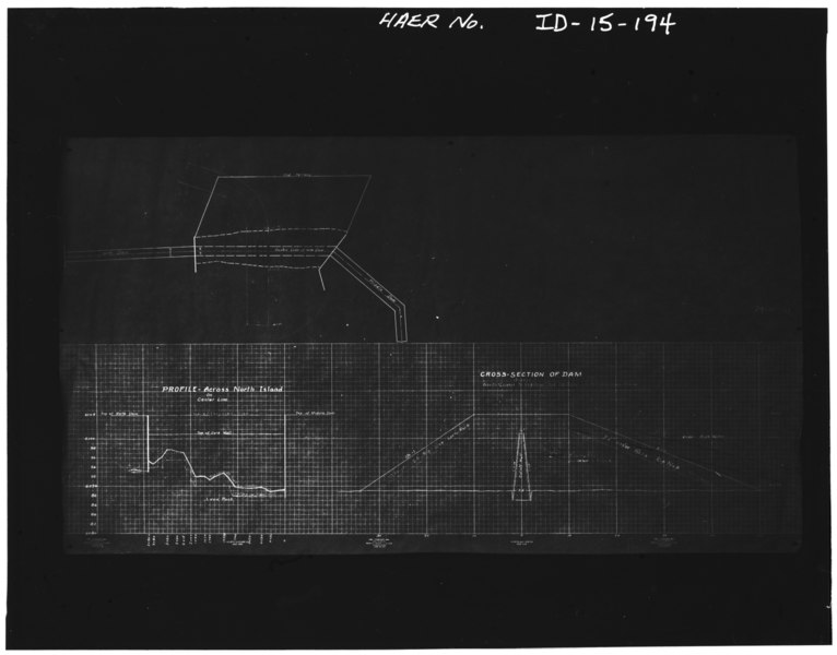 File:Photocopy of drawing, Twin Falls Canal Company, date unknown. PROFILE AND GATE PLAN, NORTH ISLAND CROSS SECTION OF DAM, TWIN FALLS COUNTY, MILNER, IDAHO; BLUEPRINT. - Milner HAER ID,27-TWIF.V,1-194.tif