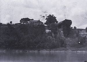 Prairie Bluff, taken from the Alabama River in 1894. Some buildings and the cotton slide were still present at this time.