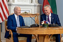 Joe Biden and Gitanas Nauseda during 2023 Vilnius Summit President Biden held talks with President Nauseda of Lithuania at the Presidential Palace before the NATO Summit.jpg